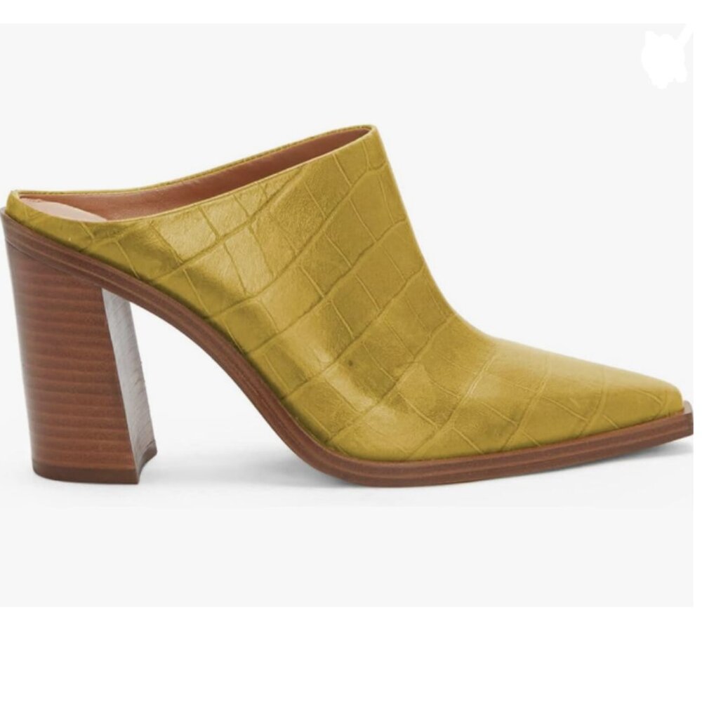 FOWT Yellow Crocodile Embossed Mules Chunky Stacked Heel Pointed Toe Slippers